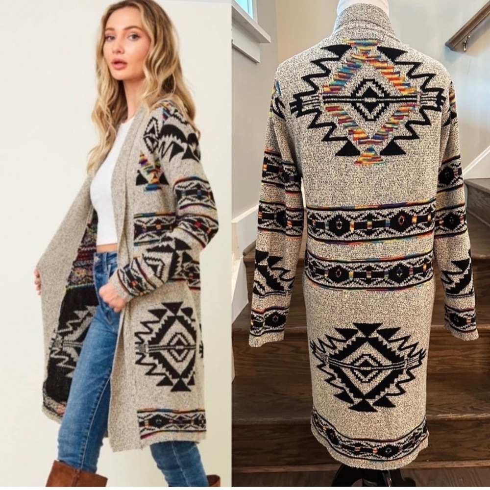 Northern Angel Cardigan Womens Medium Oatmeal Southwestern Aztec Duster EUC